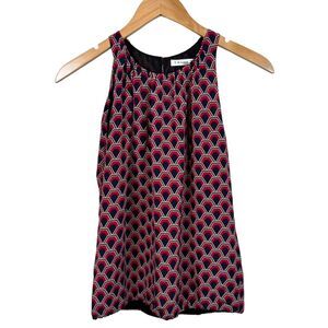 Trina Turk Blouse Top Womens Petite 100% Silk‎ Sleeveless Lined Red Geometric